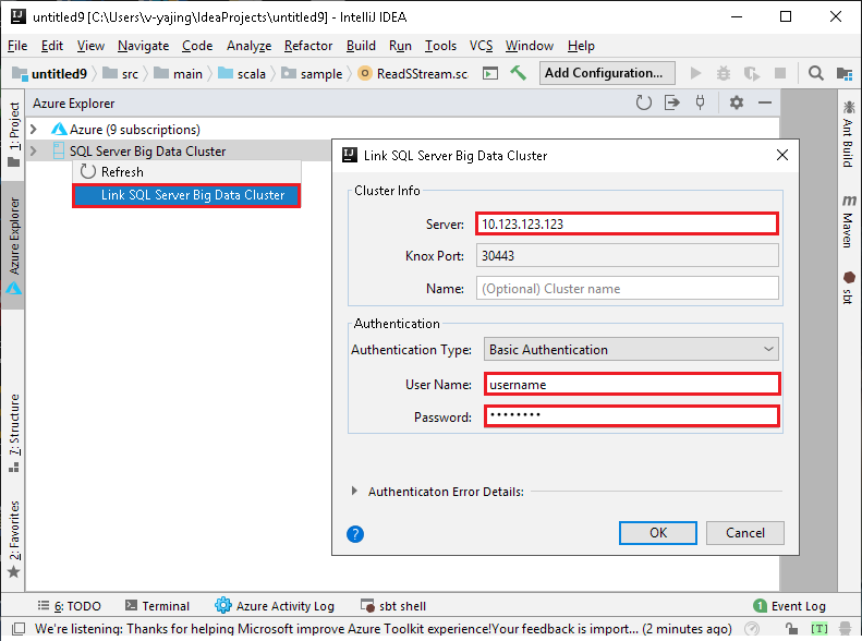 link Big Data cluster - dialog