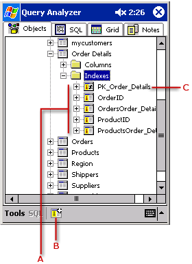 Screen shot of Query Analyzer with index view