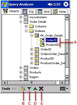 Screen shot of Query Analyzer with index keys view