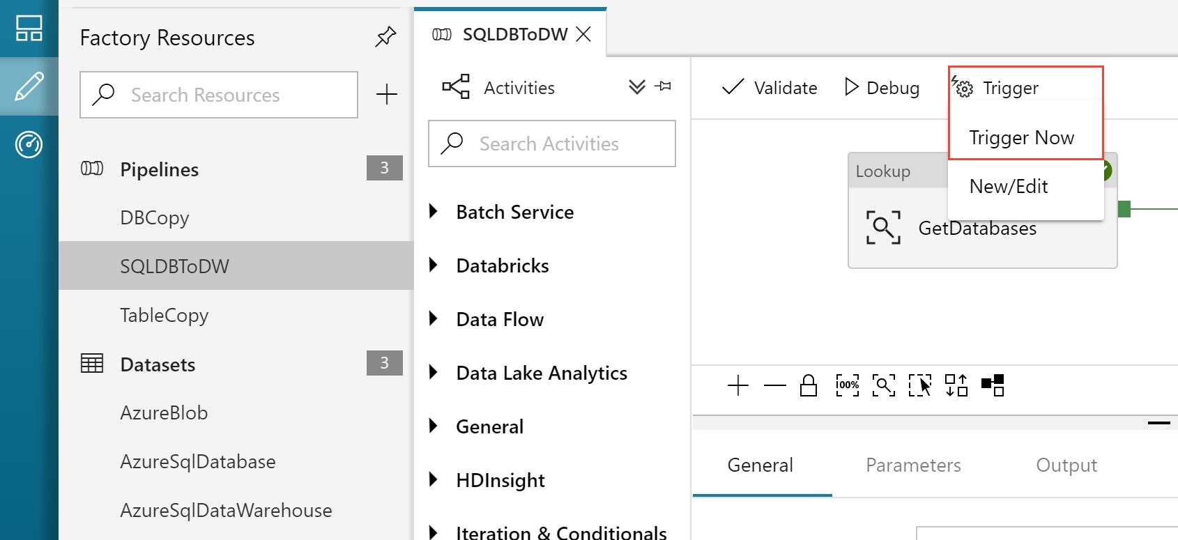 Screenshot shows Factory Resources for a pipeline named S Q L D B To D W with the Trigger option expanded and Trigger Now selected.