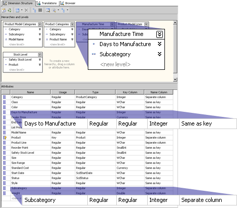 Figure 2   Dimension structure tab showing attributes and hierarchies