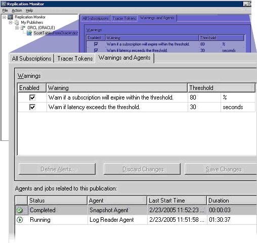 Figure 33. Viewing status of the Snapshot Agent and Log Reader Agent