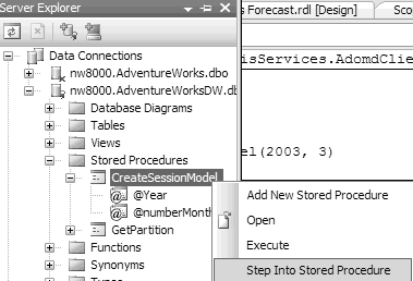 Figure 7.&nbsp;&nbsp;You can debug a CLR stored procedure from BI Studio.