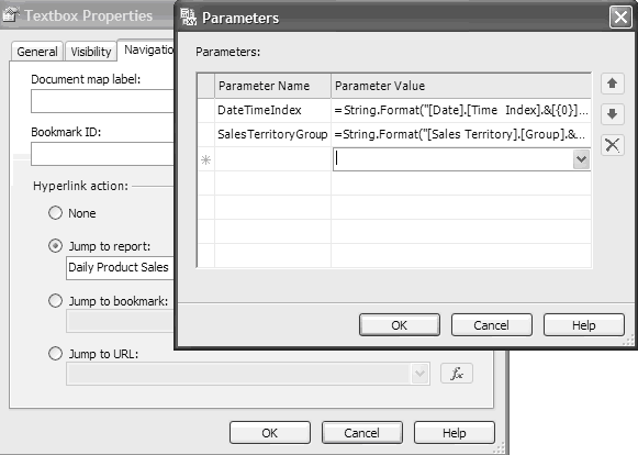 Figure 8.&nbsp;&nbsp;Implement report drillthrough by attaching a hyperlink action to a report item.
