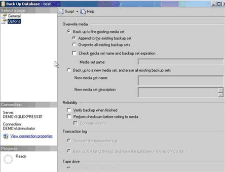 Figure 14: Options tab on the Back Up Database dialog box