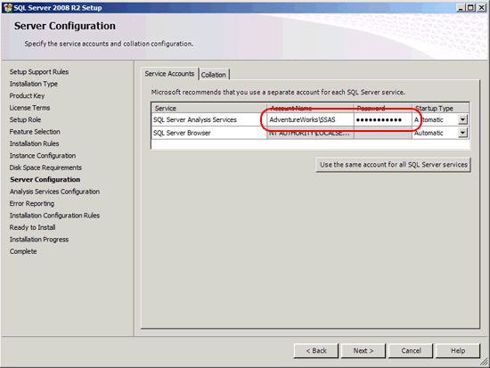 Server Configuration page in Install Wizard