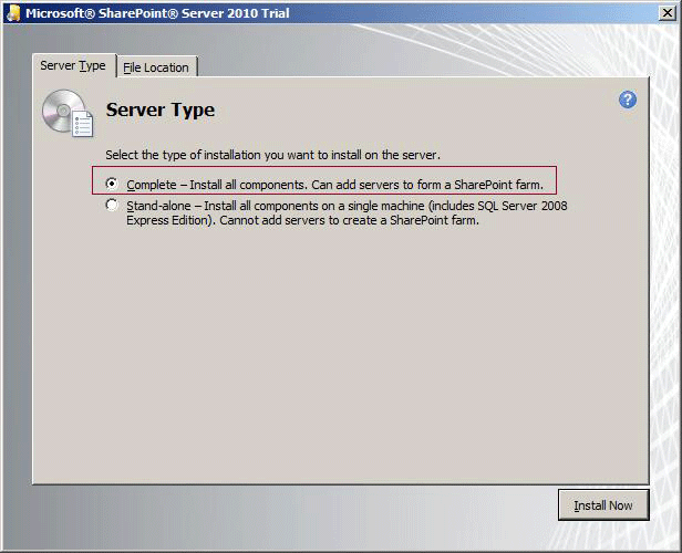 Server Type dialog box in SharePoint Setup