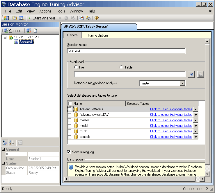 Database Engine Tuning Advisor default window