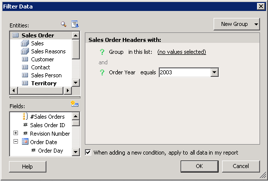 Filter Data dialog with parameters specified.