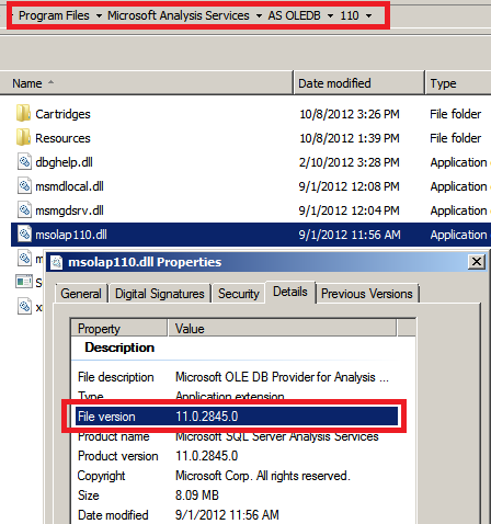 OLEDB provider file version dialog box