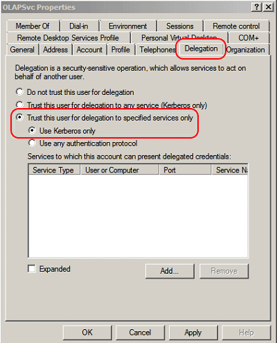 Account properties page in Active Directory