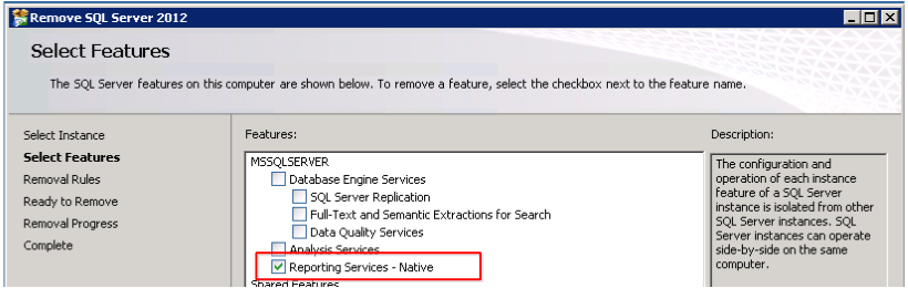 SQL uninstall select features to uninstall