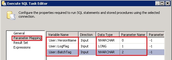 Execute SQL Task Editor - Parameter Mapping