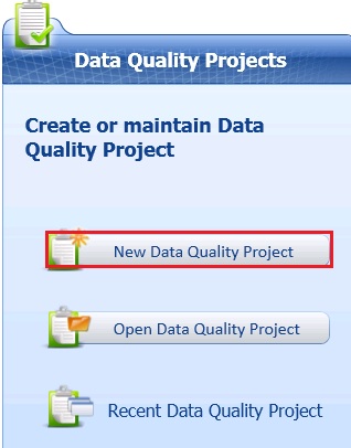 New Data Quality Project Button on Main Page