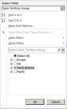 Filter pane for selecting North America