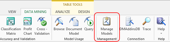 Manage Models button, Data Mining ribbon
