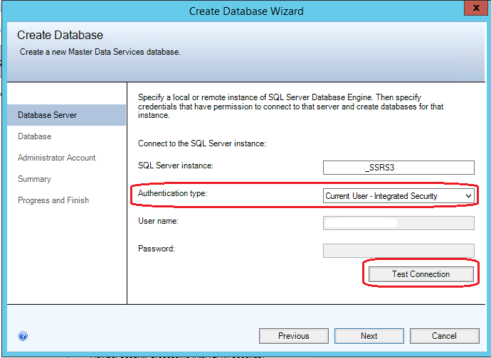 The Database server page in the Create Database Wizard
