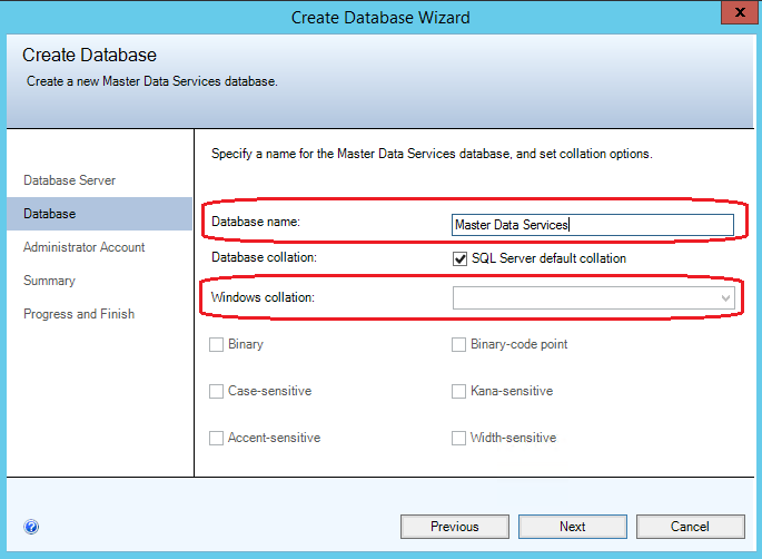 The Database page in the Create Database Wizard