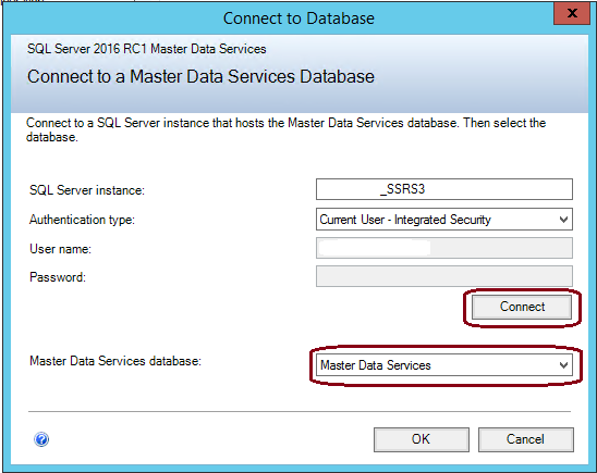 Connect to Database dialog box for the Database Configuration page