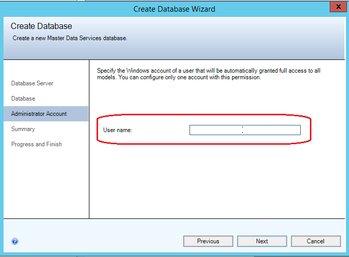 The Administrator Account page in the Create Database Wizard.