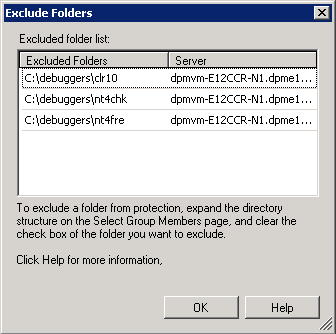 View of folders excluded from protection