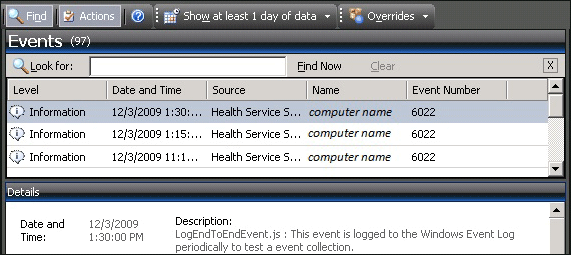 Example of Events view window