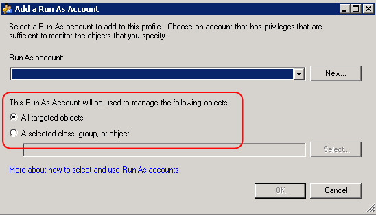 Select target for Run As profile and account