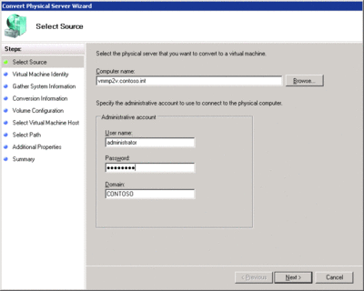 Figure 5 VMM's P2V function is wizard-based and is built into the Admin UI