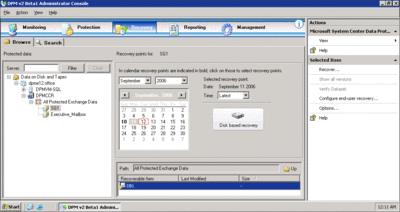 Figure 3 Recovery options in the Data Protection Manager Administrator Console