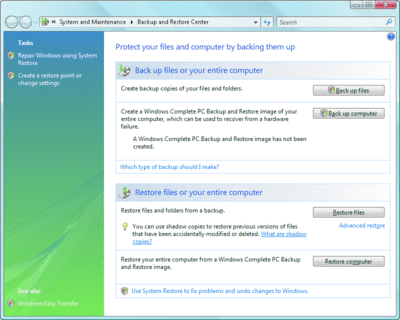 Figure 1 Backup and Restore Center in Windows Vista