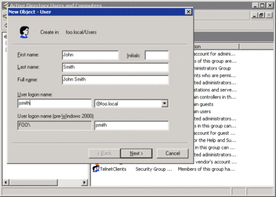 Figure 2 Using ADUC to create a user