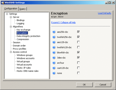 WinSSHD lets you specify SSH session encryption methods 