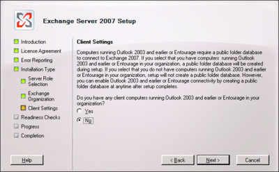 Figure 2 The Exchange 2007 Setup legacy client question