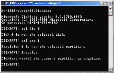 Figure 1 Diskpart changing the active partition