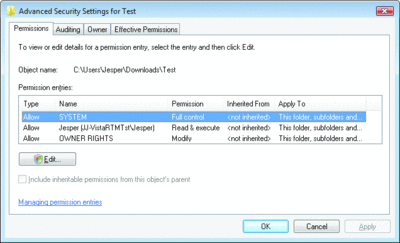 Figure 3 Adding OWNER RIGHTS permissions to the folder changes Jesper’s permissions