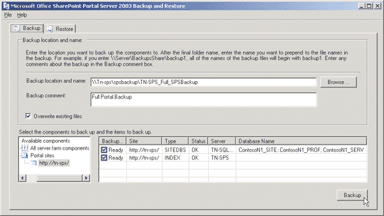 Figure 2 SharePoint Portal Server Data Backup and Restore Tool