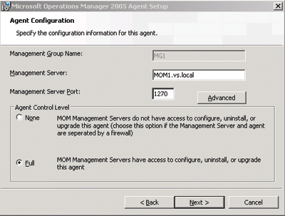 Figure 2a Microsoft Operations Manager 2005 Agent Configuration and Setup