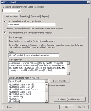 Figure 4 Configuring a Quote-Threshold E-Mail Message