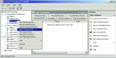 Figure 4 Launch the Rules Transport wizard to configure a transport rule on a Hub Transport server