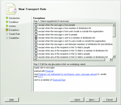 Figure 6 Creating a transport rule for messages classified as Financial