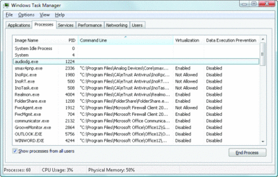 Task Manager viewing the audiodg protected process 
