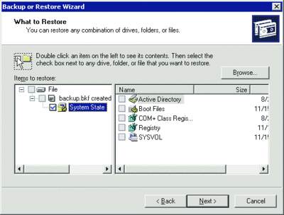 Figure 4 Using the Backup or Restore Wizard to restore system state