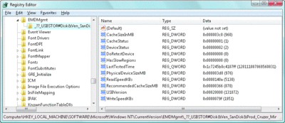 Figure 1 ReadyBoost device test results in the registry