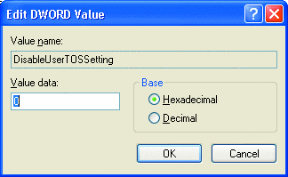 Figure 1 Setting the Registry Value of DisableUserTOSSetting