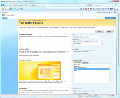 Figure 1 Selecting the Wiki Template for a New Site