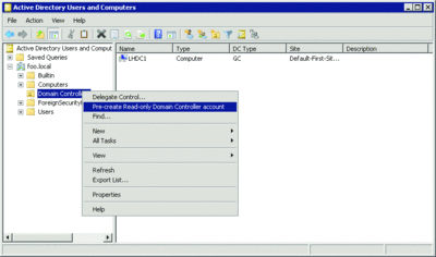 Figure 5 Pre-creating the RODC computer account