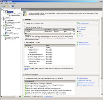 Figure 2 Server Manager Console showing the File Services Role