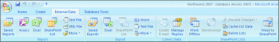 Figure 1 Access 2007 provides easy entry points for integrating with SharePoint
