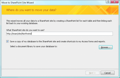 Figure 5 Specify the SharePoint site to which you want to move your database