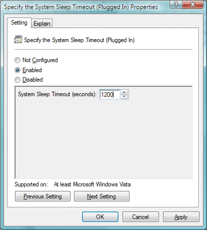 Figure 1 Specify the System Sleep Timeout (Plugged In) properties